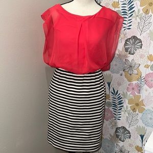 Studio Y coral sheer dress with black and white striped skirt. Very pretty dress